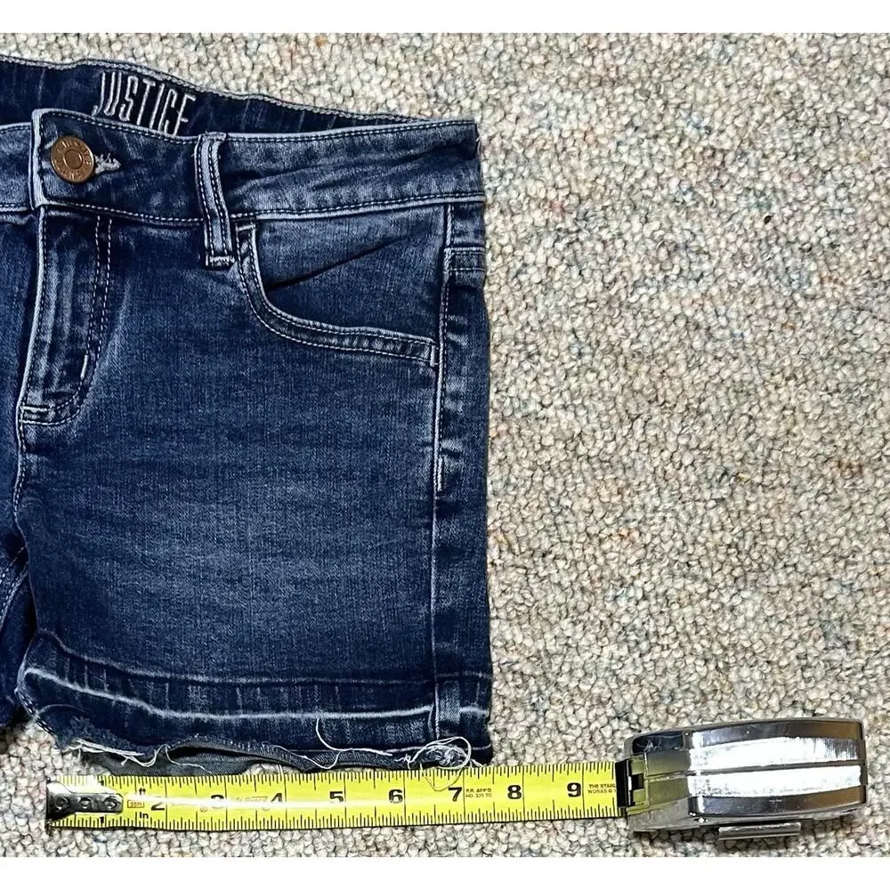 Justice Girls Denim Dark Blue Jean Shorts Size 12 Rolled Cuff Faded